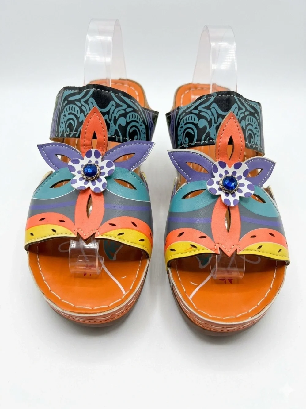Women’s Bohemian Floral Wedge Sandals |Colorful Open Toe Slip-On Platform Slides